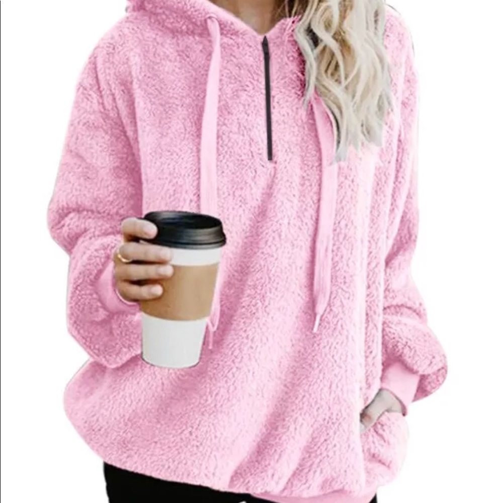 Pink Hooded Faux Fur Pullover with Pockets